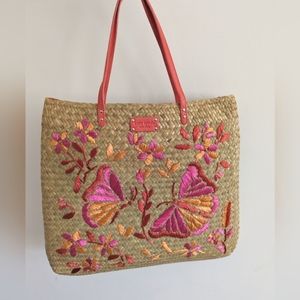 Kate Spade Reyna Woven Straw tote bag with embroidered butterflies